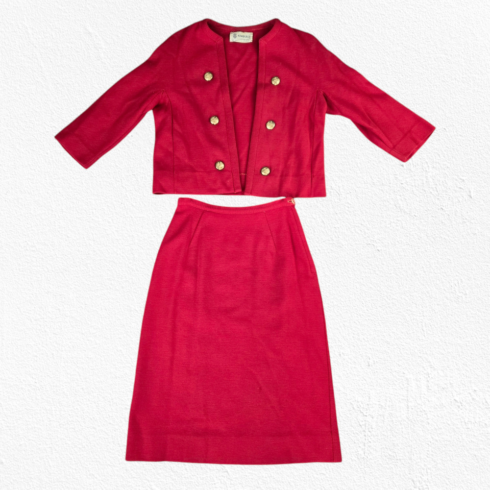 Vintage 1950s Red Wool Gold Button Cropped Jacket Pencil Skirt Suit Size 2 USA - Picture 2 of 16